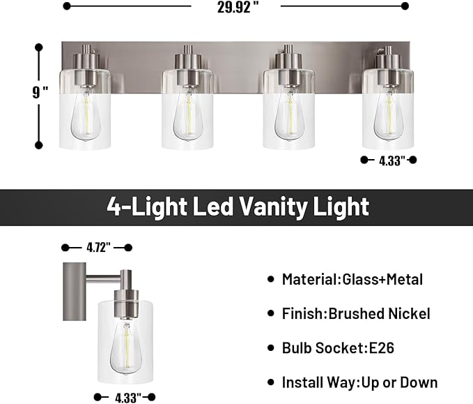 4-Light Bathroom Vanity Light Fixtures, Modern Bathroom Light Fixture with Clear Glass Brushed Nickel Finish Vanity Lights Over Mirror for Kitchen Bedroom Living Room