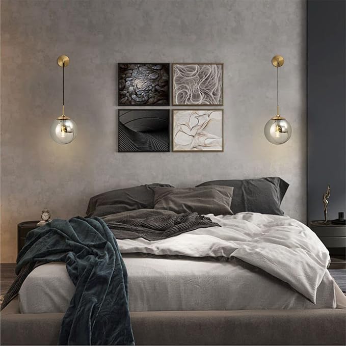 KCO Lighting Modern Glass Globe Wall Sconce Minimalist Gold Wall Mounted Sconce Light with Smoke Grey Lampshade Round Wall Lamp for Bathroom Mirror Bedroom (Smoke Grey-2PC)