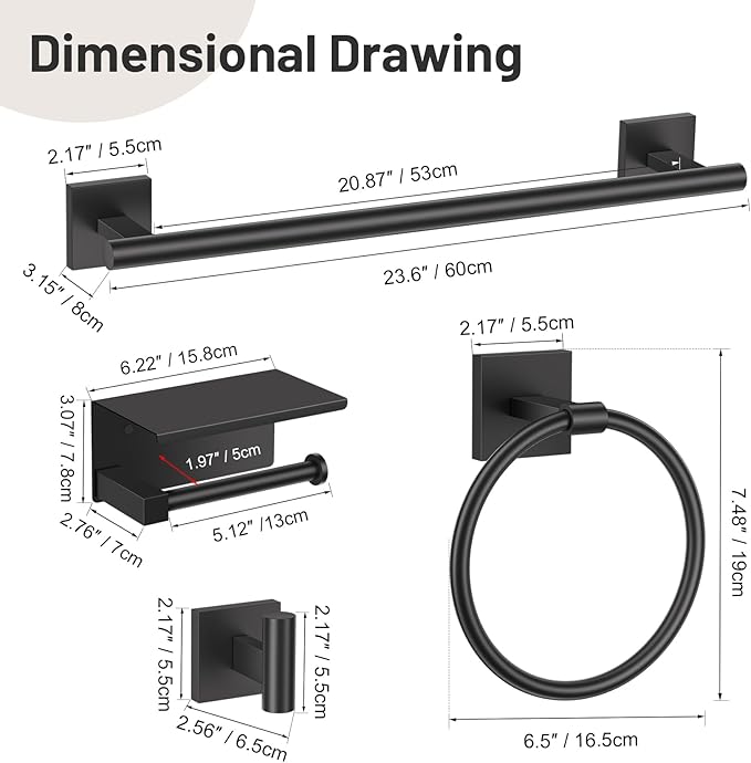 5-Piece Black Bathroom Hardware Set, SUS304 Stainless Steel Bathroom Accessories Set 23.6 inches Towel Bar, Toilet Paper Holder with Shelf, Towel Ring and Two Towel Hooks Wall-Mounted