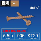 Wood Screws #8 x 1-5/8" 906pcs(Approx), Tan Ruspert Coating Exterior Deck Screws, Torx/Star Drive Flat Head,Twist Shank, Cut Tip/Thread, Bit Included, 5.5 lb/Jar