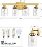 Bathroom Vanity Light, 4-Light Modern Matte Gold Wall Sconce Lighting with Clear Glass Shade, Black Wall Lights,Bath Vintage Wall Mounted Lamps for Mirror Bedroom Living Room