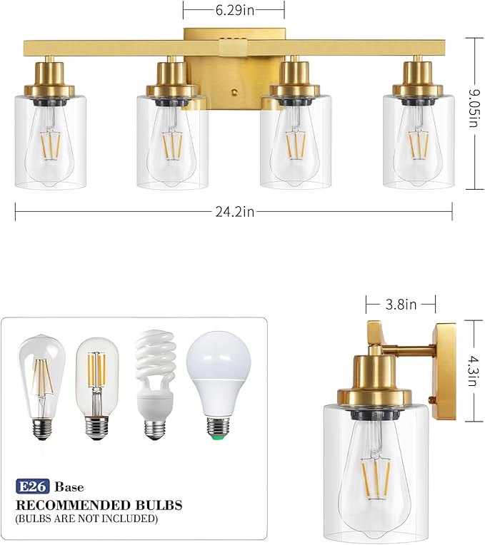 Bathroom Vanity Light, 4-Light Modern Matte Gold Wall Sconce Lighting with Clear Glass Shade, Black Wall Lights,Bath Vintage Wall Mounted Lamps for Mirror Bedroom Living Room