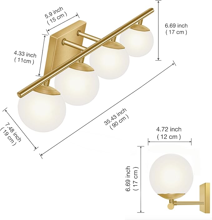 New Bathroom Vanity Light Fixtures Brushed Brass Milk White Globe Glass Shade 4 Lights Modern Wall Bar Sconce Over Mirror