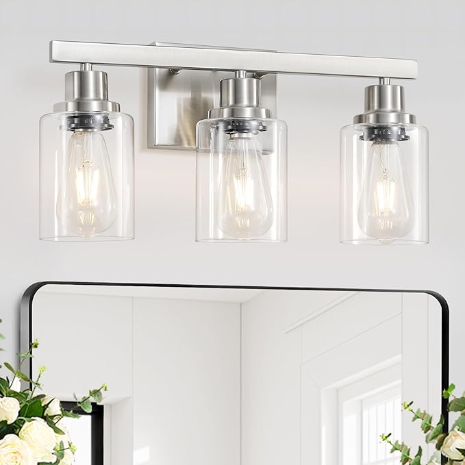 3-Light Bathroom Light Fixtures, Nickel Bathroom Vanity Light with Clear Glass Shade, Modern Bathroom Wall Lights Over Mirror, Farmhouse Wall Sconces Lighting for Bedroom Living Room