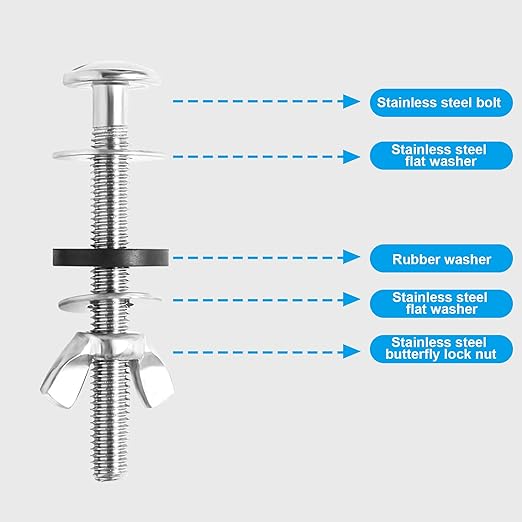 4PCS Universal Toilet Seat Bolts Kit,5/16 * 3.15 Inch Heavy Duty Stainless Steel Toilet Seat Screws with Specially Designed Stainless Steel Butterfly Downlock Nuts，Easy Installation and Long Lasting