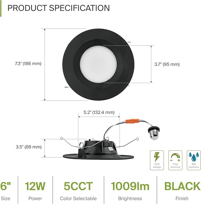 ASD Retrofit LED Recessed Lighting 5/6 Inch | 12W 1009Lm Wet Rated Dimmable Ceiling Downlights | 2700K-5000K Adjustable CRI90 Black Room Recessed Light Fixtures | LED Can Lights 6 Pack
