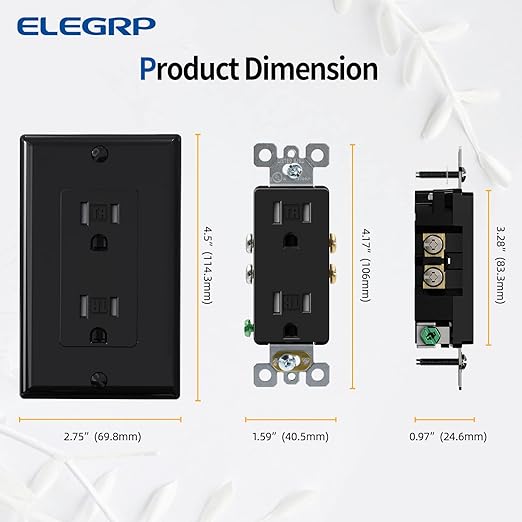 ELEGRP Decorator Wall Receptacle Outlet, Tamper Resistant 15 Amp Standard Electrical Wall Outlet, Residential Grade, Self-grounding, 125V, Wall Plate Included, UL Listed, Glossy Black, 10 Pack