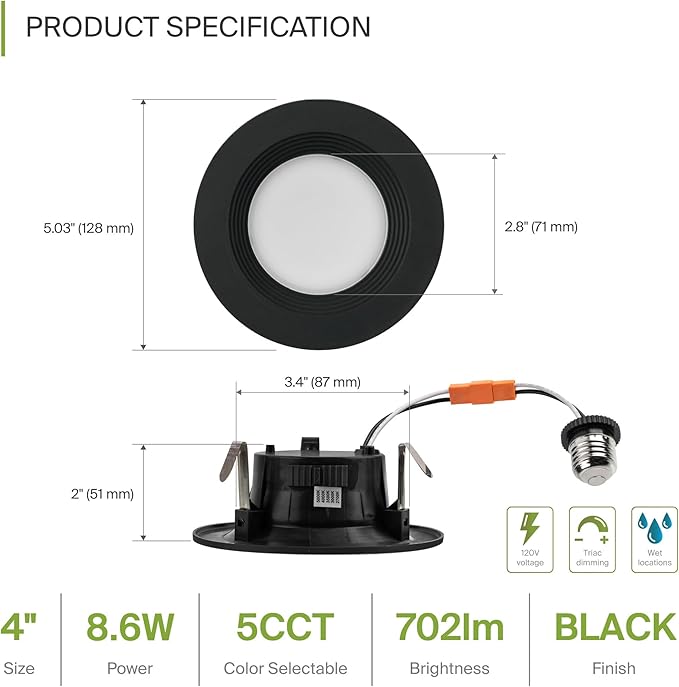 ASD Retrofit LED Recessed Lighting 4 Inch | 9W 700 Lm Wet Rated Dimmable Ceiling Downlights | 2700K-5000K Adjustable CRI90 Black Room Recessed Light Fixtures | LED Can Lights