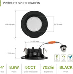 ASD Retrofit LED Recessed Lighting 4 Inch | 9W 700 Lm Wet Rated Dimmable Ceiling Downlights | 2700K-5000K Adjustable CRI90 Black Room Recessed Light Fixtures | LED Can Lights, UL 6 Pack