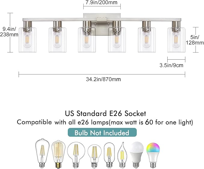 6 Light Bathroom Light Fixtures, Bathroom Vanity Light with Clear Glass, Brushed Nickel Bathroom Lighting Fixtures over Mirror, Large Vanity Lights for Bathroom, Vanity Lights for Mirror, Wall Sconce