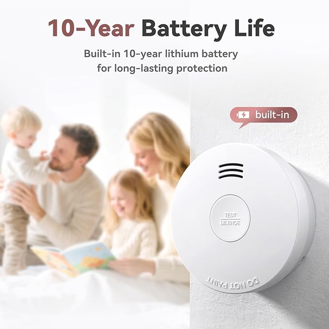 Smoke Detector 10 Year Battery, Smoke Fire Alarm with Photoelectric Sensor, Easy to Install with Magnetic Mount, Smoke Detectors with Silence Button & LED Lights for Home, 8 Pack