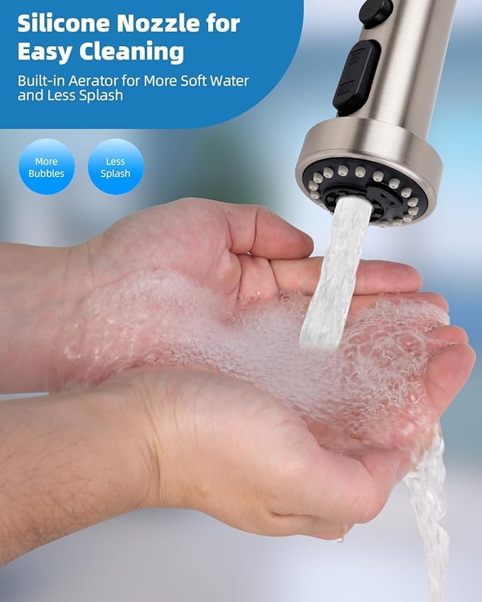 Hibbent Pull Down Kitchen Faucet Head Replacement, 3 Function Sink Faucet Sprayer Head Nozzle with 15 Adapters, Compatible with Moen, American Standard, Delta, Kohler Faucets, Brushed Nickel