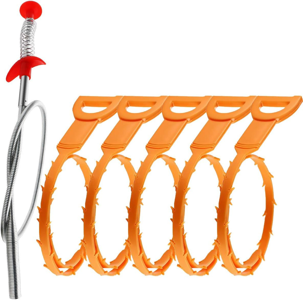 Omont 6 Pack Drain Hair Remover, 24 Inch Flexible Sink Snake Tool for Clogged Pipes and Tubes, Orange Drain Cleaner