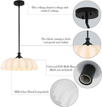 15.7" Vintage Modern Black Chandelier with Floral Milk White Glass Shades, Adjustable Height Pendant Light for Kitchen Island, Dining Room, Bedroom