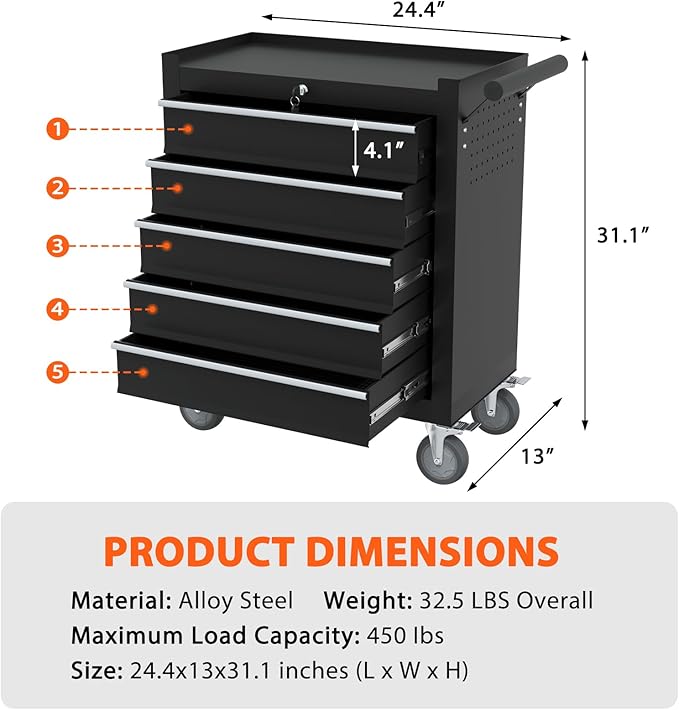 5-Drawer Rolling Tool Chest, Tool Box with 4 Wheels and Drawers, High Capacity Detachable Mobile Tool Storage Cabinet for Garage, Workshop, Mechanics and Repair Room (Black)