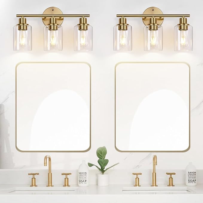 3-Light Gold Bathroom Light Fixtures, Modern Bathroom Vanity Light with Clear Glass Shade, Brushed Gold Bath Wall Mount Lights, Wall Lamp for Mirror Kitchen Bedroom Hallway Living Room Hallway