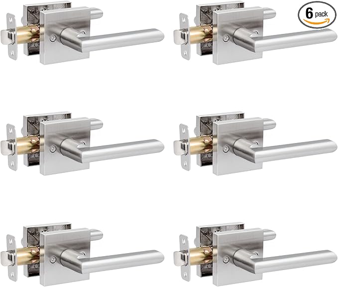 HOSOM 6 Pack Interior Door Levers Passage Door Handles Heavy Duty No Locking Door Handle Set for Hallway, Closet Doors, Satin Nickel Finished with Square Plate