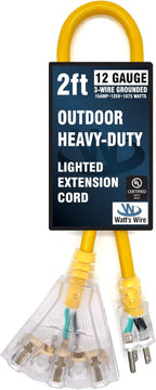 Outdoor Extension Cord Waterproof (2 ft) 12 Gauge Heavy Duty Extension Cord Splitter - Lighted Outdoor Extension Cords with Multiple Outlets - Watts Wire - 2' Grounded - extensiones electricas