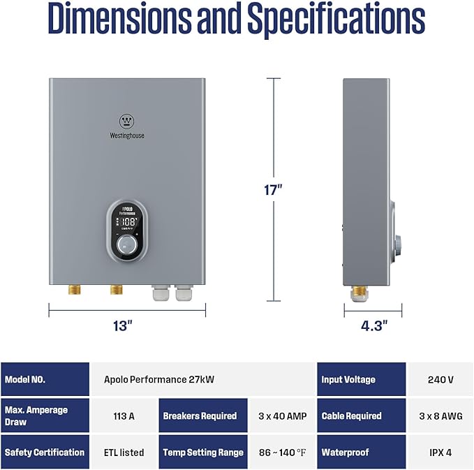 Westinghouse 27kW 240V Electric Tankless Water Heater, Instant Hot Water Heater, On Demand Hot Water, Smart WiFi Control, Compatible with Alexa & Google Home, (APOLO-27kw)