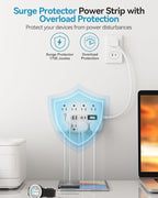 Short Extension Cord 1 ft - 2 Prong Power Strip 1700J Appliance Surge Protetor with 15A 8 Outlets 6 USB (5V/4.8A 24W) Charging Ports, Multi Plug Wall Outlet Extender for Home Office Dorm Roomc, White