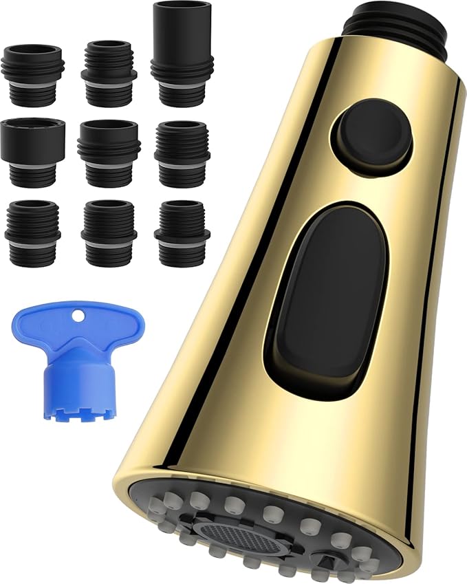 Hibbent 3-Function Pull Down Kitchen Faucet Head Replacement with 12 Adapters, NSF/ANSI/CAN 61 & CUPC Certified Sink Spray Nozzle, Compatible with Moen, Delta, Kohler Faucets, Polished Brass