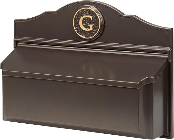Whitehall Custom Wall Mount Mailbox Package - Mail Box with Monogram, Sand Cast Aluminum, Classic Design Bronze Personalized in Goldtone