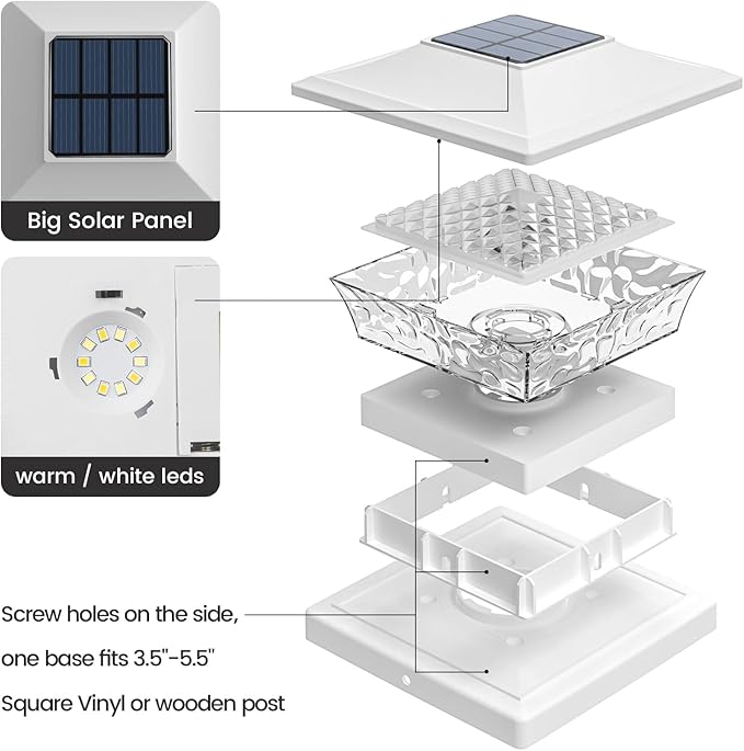 APONUO Deck Post Lights Solar Powered 6 Pack, Waterproof Outdoor LED Deck Lights for 4x4, 5x5, 6x6 Fence Posts, Warm/Cool White Light, All-Night Lighting, Auto On/Off, Patio Garden Yard Decor