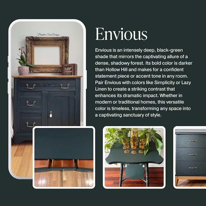 Country Chic All-in-One Chalk Paint for Furniture, Cabinets, Home Decor, Eco-Friendly, Matte Finish, Built-In Primer & Top Coat for Wood, Metal - Envious (Green) - Pint 16 oz (475 ml)