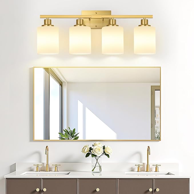 4-Light Bathroom Light Fixtures, Brushed Gold Vanity Light with Milky White Shades, Bathroom Lighting Fixtures Over Mirror, Modern Bathroom Wall Lamp for Mirror Living Room Cabinet Bedroom