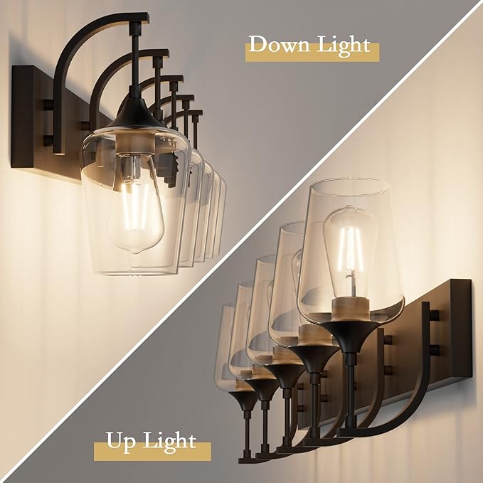 Ralbay Matte Black Bathroom Light Fixtures 5-Lights Industrial Black Vanity Lights Clear Glass Vintage Edison Matte Black Wall Mount Light Fixture for Bathroom