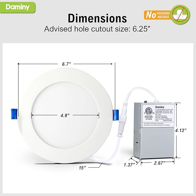 DAMINY 24 Pack 6 Inch LED Recessed Lighting with Junction Box,5CCT,Ultra-Thin Recessed Light,10W 1100lm, Dimmable Canless Wafer Ceiling Light, High Brightness - ETL