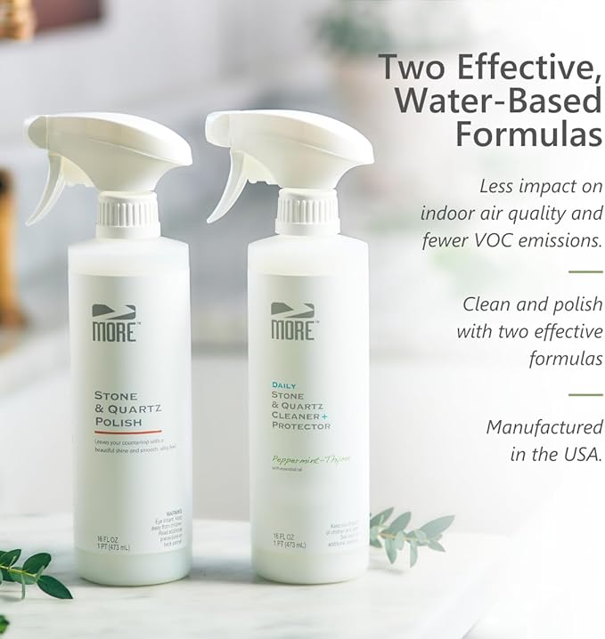 MORE - Twin Pack - Includes Stone & Quartz Cleaner + Polish - Granite, Quartz & Marble Cleaner & Polish - For Kitchen & Bathroom Countertops - Pack of 2 16oz Sprays - Peppermint-Thyme