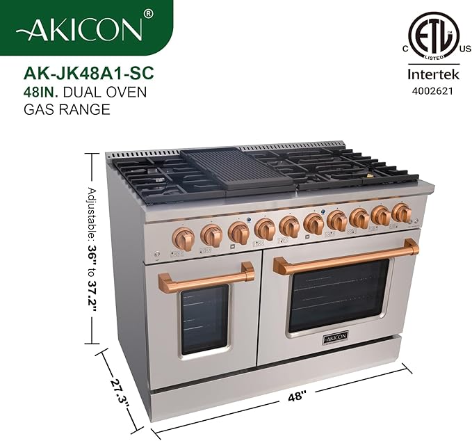 Akicon 48 Inch Freestanding Gas Range - 6.7 cu. ft. Double Rapid Convection Oven - Gas Stove with 8 Sealed Burners & a Griddle, Heavy Duty Cast Iron Grates (Copper & Stainless Steel)