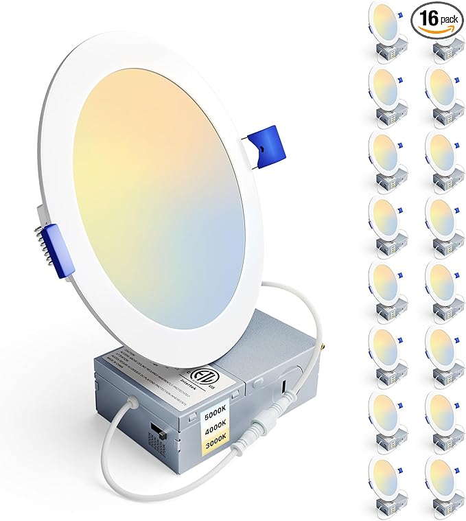 Ensenior 16 Pack 6 Inch LED Recessed Ceiling Light, Dimmable, 3000K-5000K 3CCT, 1200LM 12W 120V, High Brightness Canless Wafer Downlight - ETL&FCC&IC