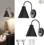 Vintage Cordless Gooseneck Battery Operated Wall Sconces Set of 2, Black Bedside Battery Powered Wall Decor Lamps with Remote Control, Wireless Indoor LED Lights Fixture for Hallway Bedroom