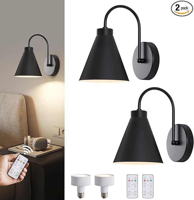 Vintage Cordless Gooseneck Battery Operated Wall Sconces Set of 2, Black Bedside Battery Powered Wall Decor Lamps with Remote Control, Wireless Indoor LED Lights Fixture for Hallway Bedroom