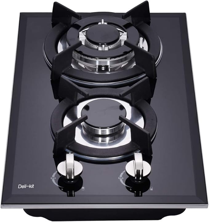 12 Inch Dual Fuel Gas Cooktop - Sealed 2 Burners, Tempered Glass, Drop-in Gas Hob DK123-A01S, Black