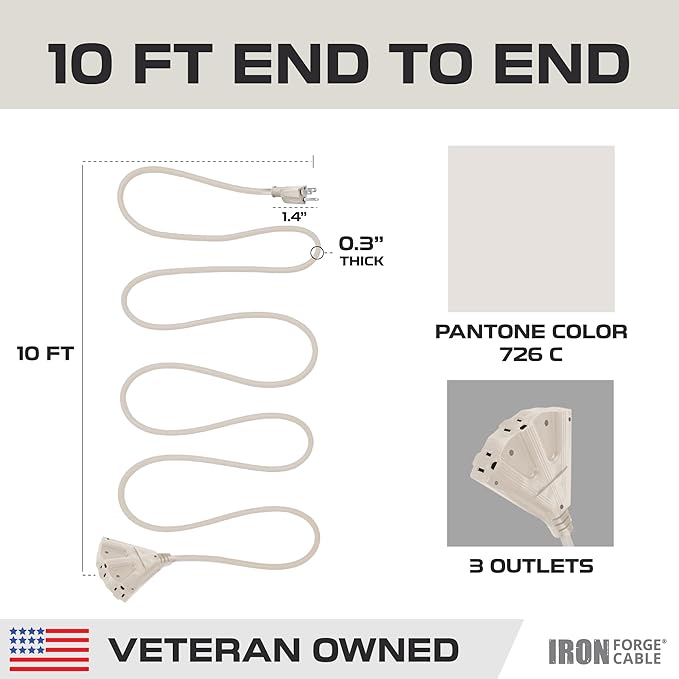 Iron Forge Cable Weatherproof 10 Ft Outdoor Extension Cord with 3 Outlets - 16/3 SJTW Heavy Duty Beige Extension Cord 3 Prong - 13 Amp Power Cable