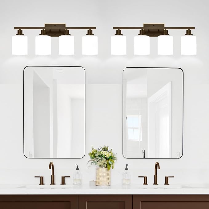 4-Light Bathroom Light Fixtures, Vanity Light with Milky White Shades, Oil-Rubbed Bronze Bathroom Light Fixtures Over Mirror, Modern Bathroom Wall Lamp for Mirror Living Room Cabinet Bedroom
