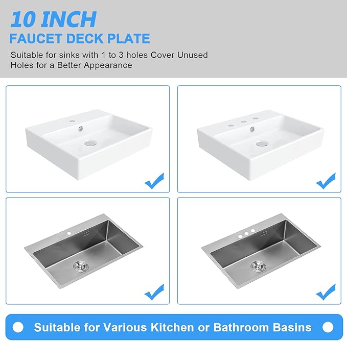 Sink Hole Cover, Escutcheon Plate Stainless Steel Faucet Deck Plate 10 Inch for 1 or 3 Hole Bathroom or Kitchen Sink Faucets Round, Brushed Nickel