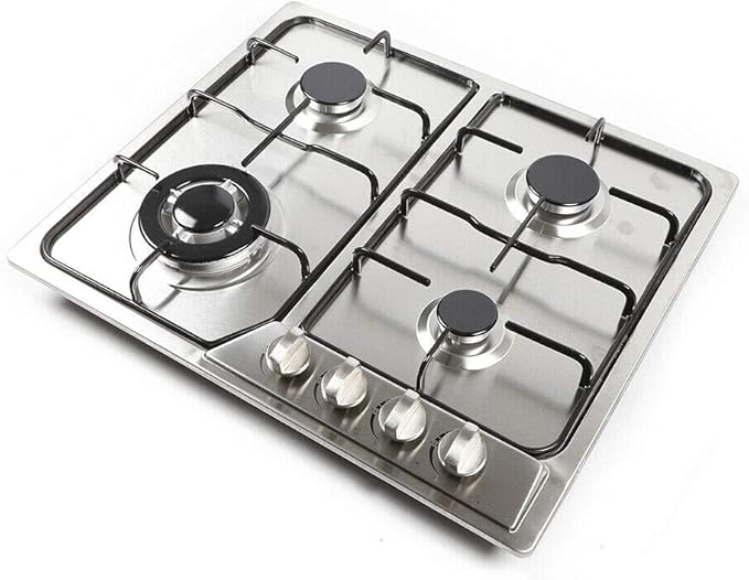 4 Burners Built in Gas Stovetop Cooker Gas Range Portable Stainless Steel Cooktop LPG/NG Dual Fuel Cast Iron Grate Gas Stove Kitchen Cooking Stove for Home RV Outdoor Apartment Silver(22.83x20.47Inch)