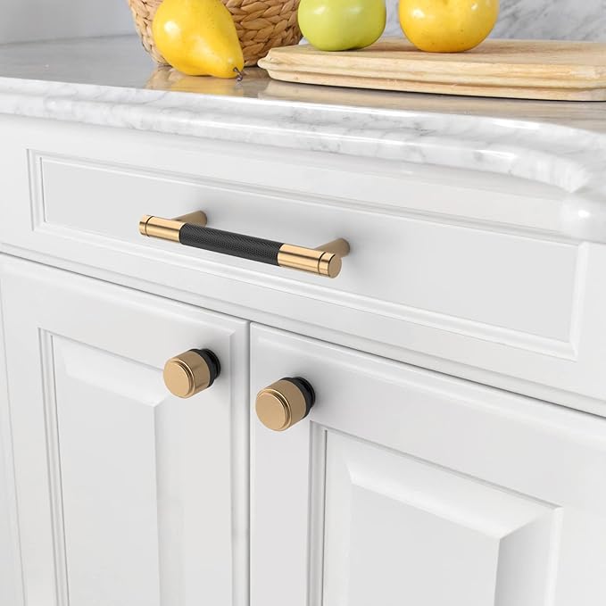 Amerdeco 10 Pack Champagne Bronze and Black Knurled Cabinet Pulls 3.75 Inch Hole Centre to Hole Centre Kitchen Cabinet Handles for Drawer Dresser, Cupboard and Wardrobe ZH0040