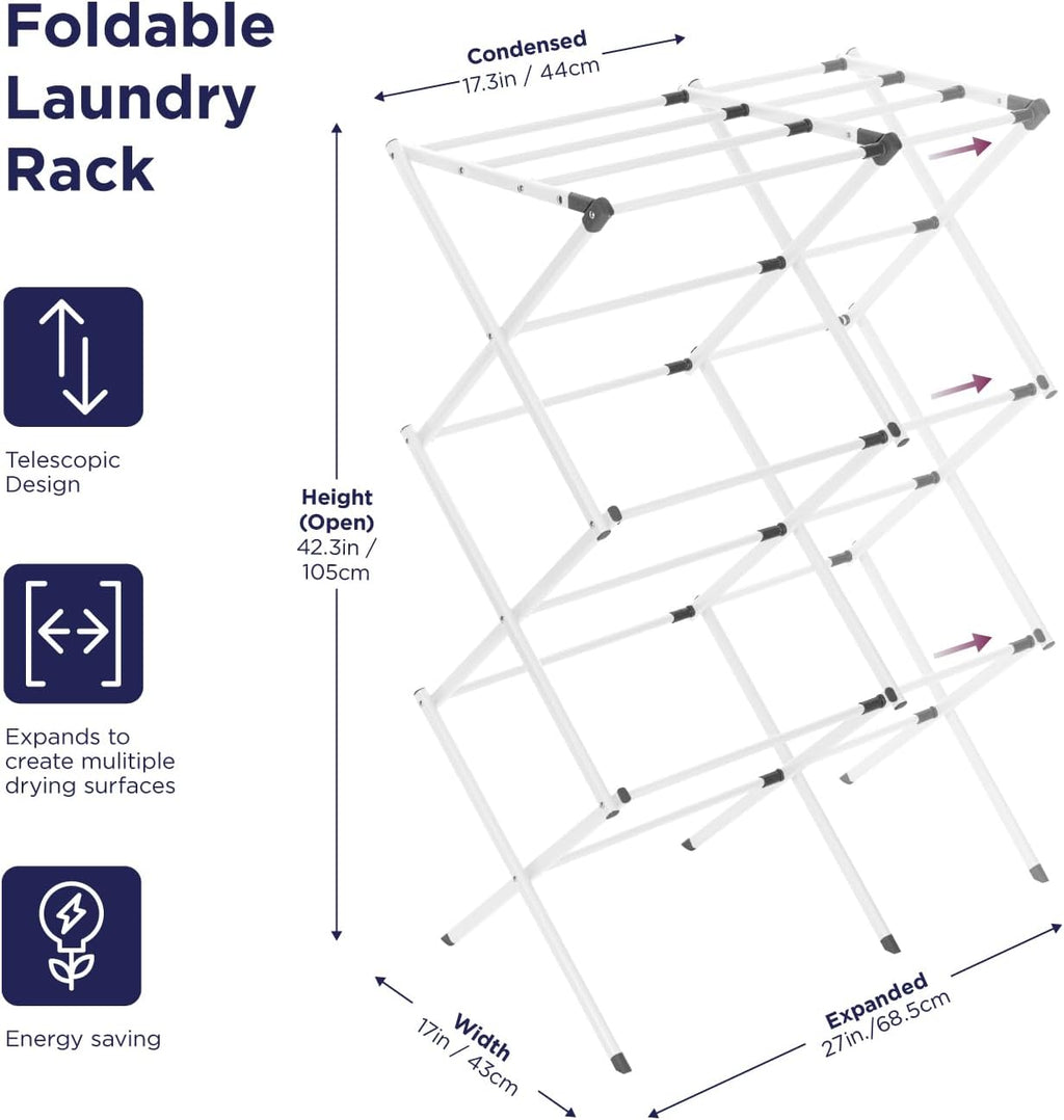 BLACK+DECKER 3 Tier Expandable Collapsing Foldable Laundry Rack for Air Drying Clothing, Space Saving Heavy Duty Lightweight Metal Drying Rack(White)