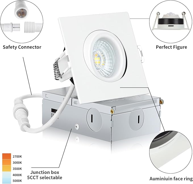 Square Recessed Lighting 3 Inch 6 Pack, Ajustable Eyeball recessed Light with Junction Box,5 Color Selectable,Airtight,7W 550LM,Dimmable,White