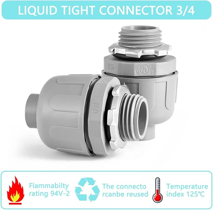 32-Pack 3/4 Inch Liquid Tight Connector NPT Non-Metallic PVC Electrical Flexible Conduit Fittings, UL Listed - 180 Degree Straight, Grey