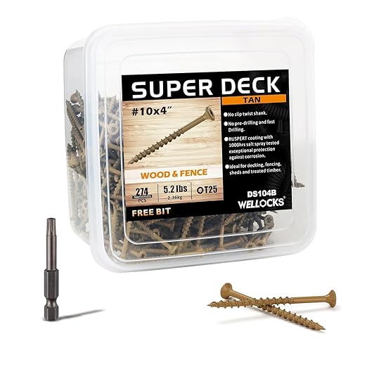 WELLOCKS Deck Screws, Wood Screws, Tan, Superior Rust Resistant, Epoxy Coated, Above 1000 Hour Salt Spray Coating T25 Torx Star Bit Included for Outdoor Wood Fence (5.2LBS Tan, #10×4")
