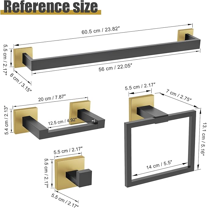 TURS 10-Piece Bathroom Hardware Accessories Set Black&Gold Towel Bar Holder Set SUS304 Stainless Steel Towel Racks for Bathroom Wall Mounted, 23.6-Inch