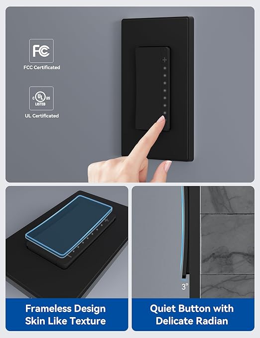 ELEGRP Smart Dimmer Light Switch DPR30, 2.4GHz Wi-Fi Dimmer Switch Compatible with Alexa and Google Assistant, Single Pole/3 Way, Needs Neutral Wire, No Hub Required, UL&FCC Listed, Black, 1 Pack