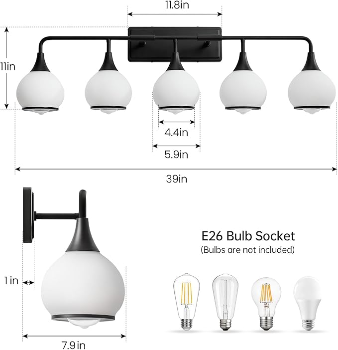 Black Bathroom Light Fixtures 5-Lights Vanity Lights with Milky White Frosted Glass Shade Bathroom Vanity Light 39.2 inch Wall Sconce Lighting Bath(Exclude E26 Bulb)