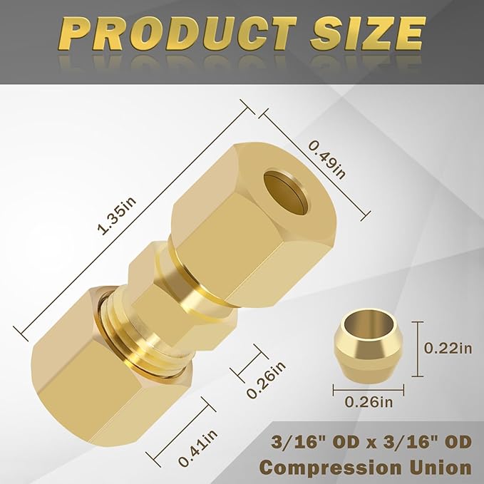 Brass Compression Tube Fitting, 10 PCS 3/16" OD x 3/16" OD Compression Union Connectors & 10 PCS Compression Sleeves Ferrules